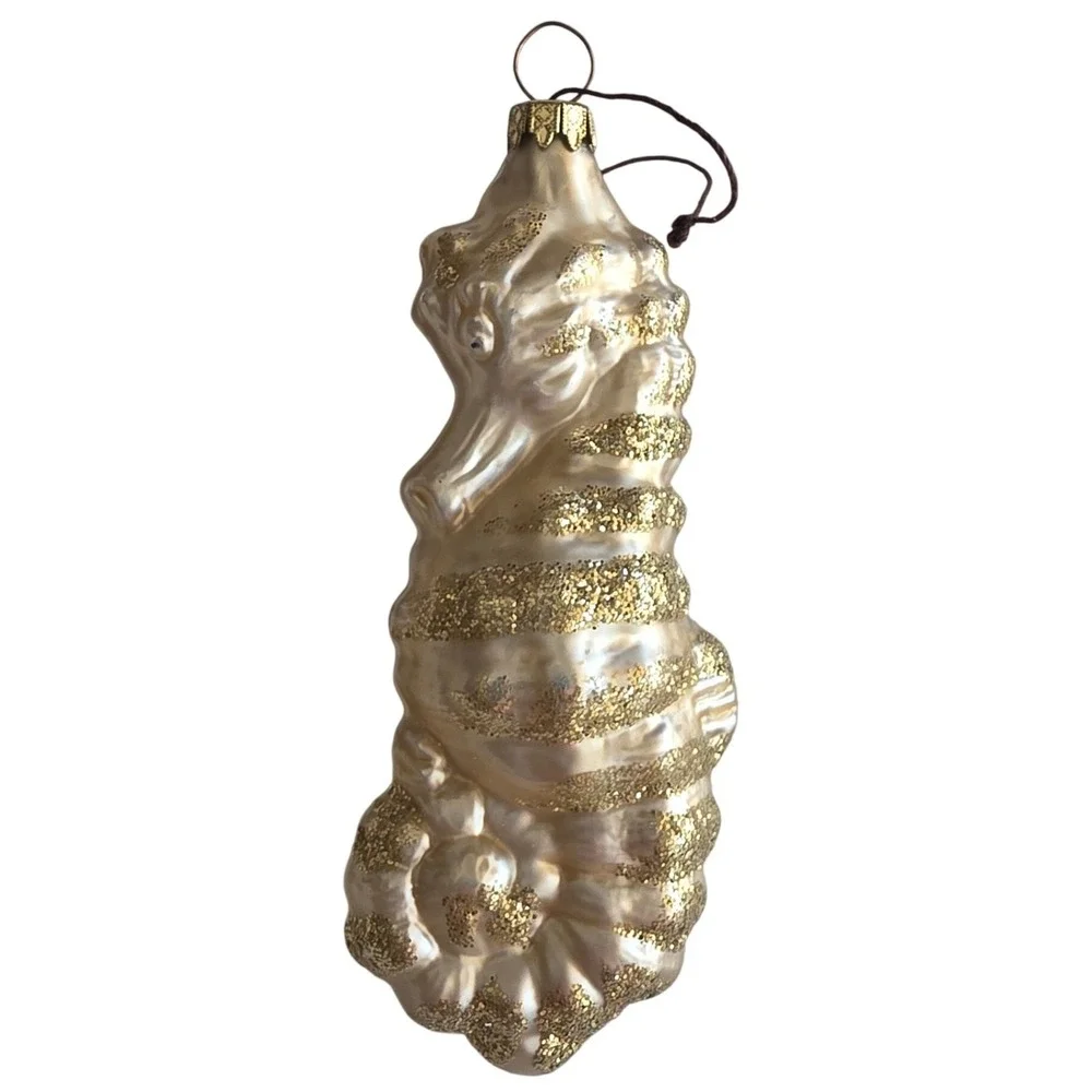 Vintage Germany Mercury Glass Seahorse Christmas Ornament Gold Glitter Champagne